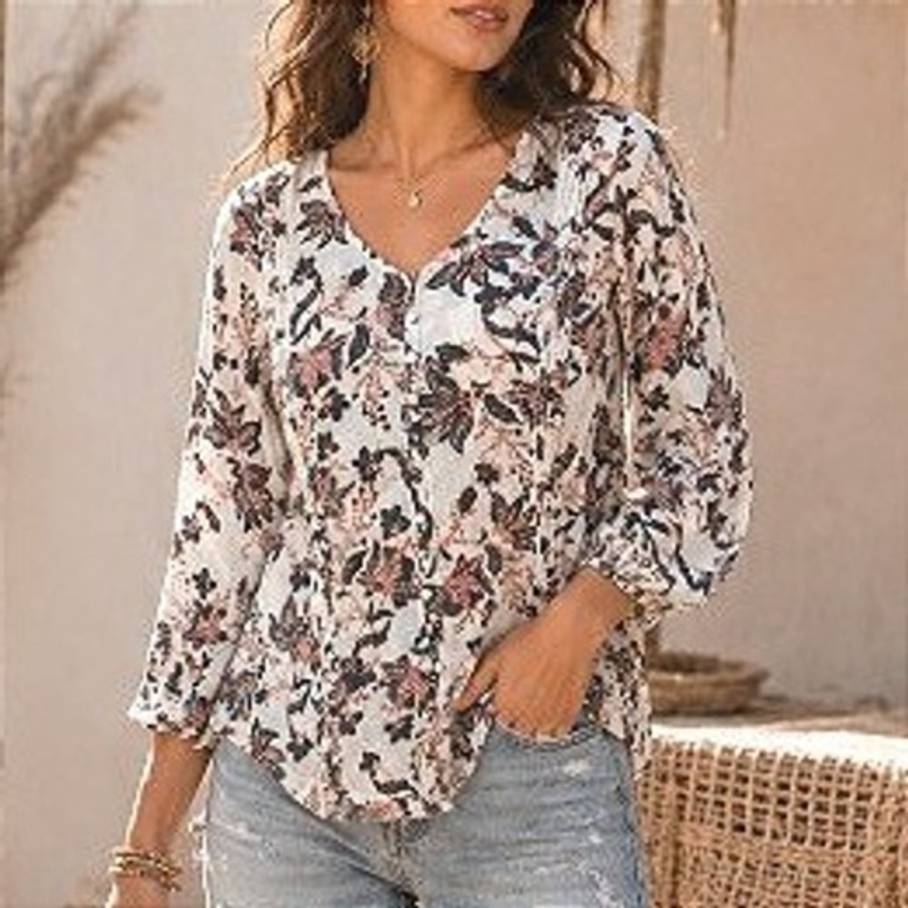 One World White Floral Boho Button 3/4 Balloon Sleeve Peasant Festival Blouse L - Picture 1 of 11